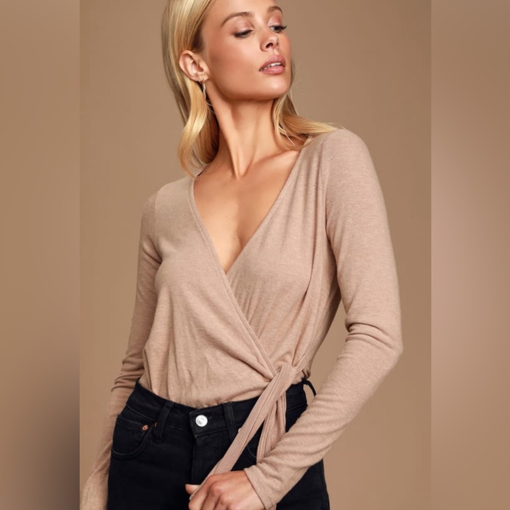 Mellow Vibes Blush Pink Faux Wrap Long Sleeve Bodysuit